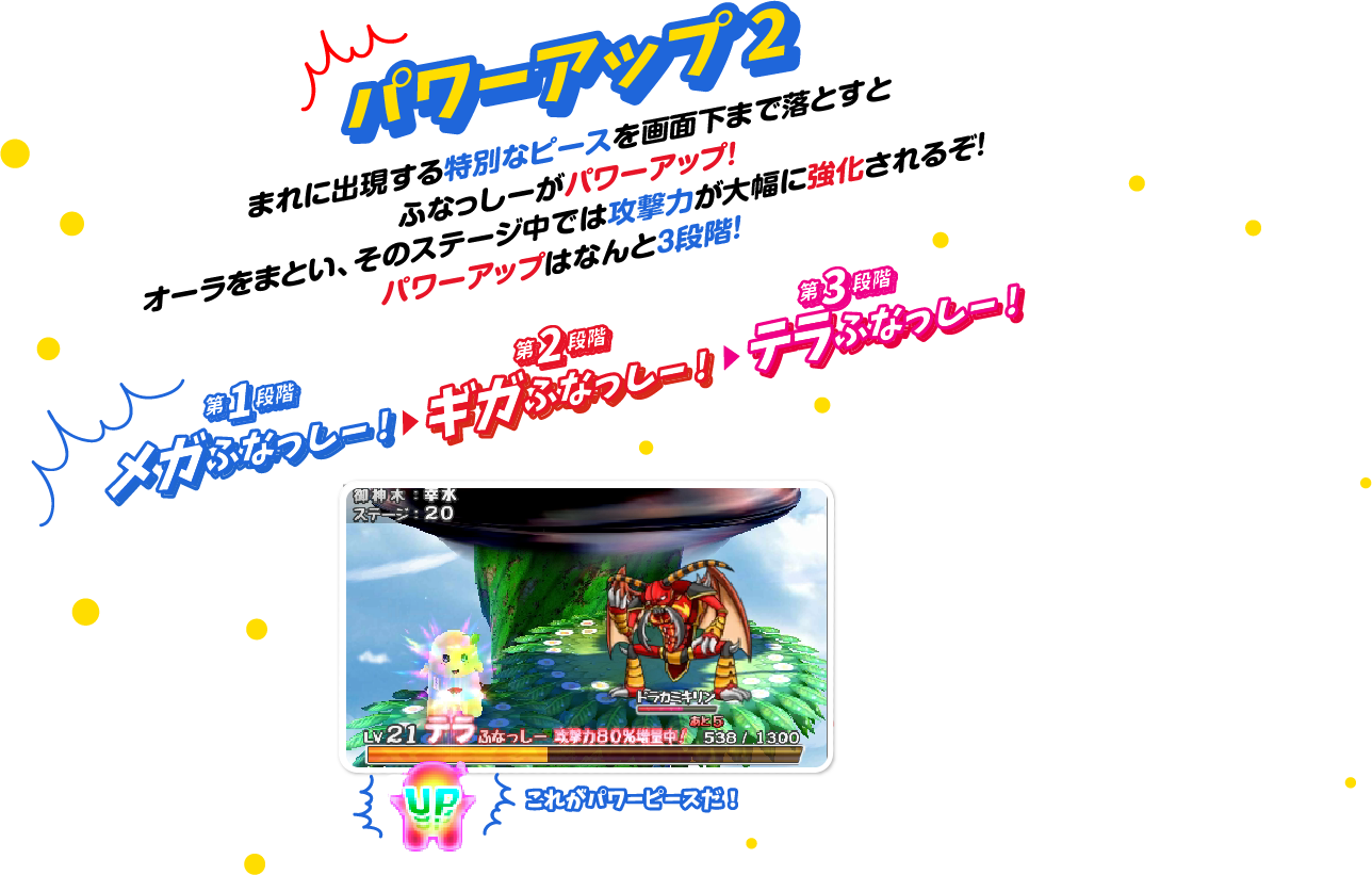 パワーアップ2　特別なピースを画面下まで落とすとふなっしーがパワーアップ！