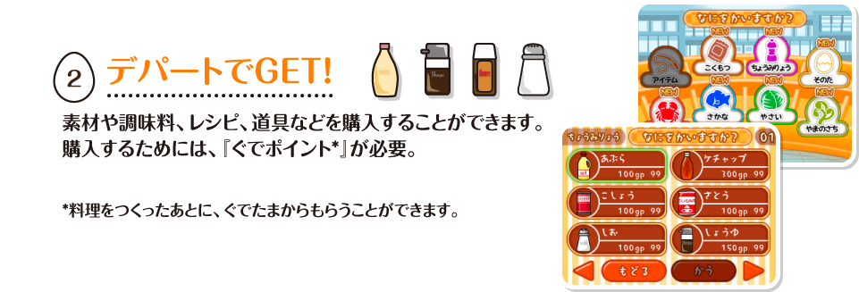 デパートでGET!素材や調味料、レシピ、道具などを購入することができます。購入するためには、『ぐでポイント*』が必要。*料理をつくったあとに、ぐでたまからもらうことができます。