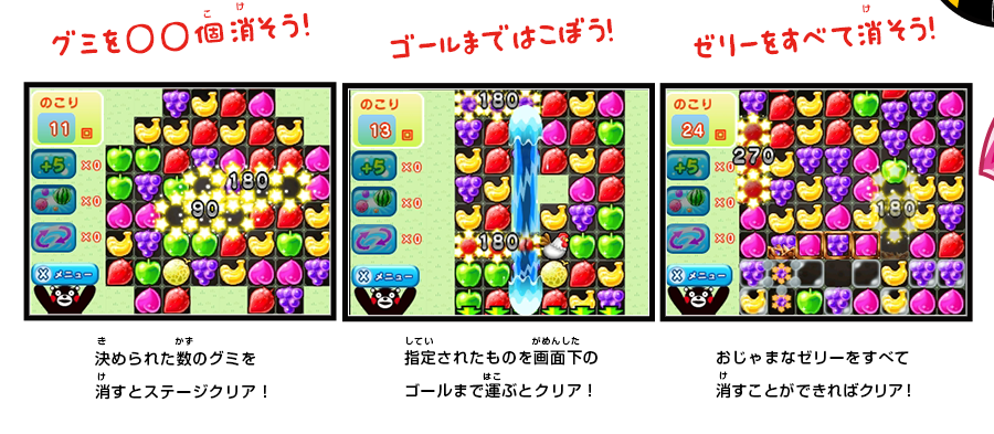 決められた数のグミを
消すとステージクリア！指定されたものを画面下のゴールまで運ぶとクリア！おじゃまなゼリーをすべて消すことができればクリア！