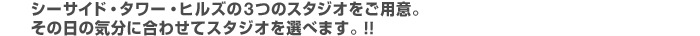 �V�[�T�C�h�E�^���[�E�q���Y��3�̃X�^�W�I�����p�ӁB���̓��̋C���ɍ��킹�ăX�^�W�I��I�ׂ܂��B�I�I